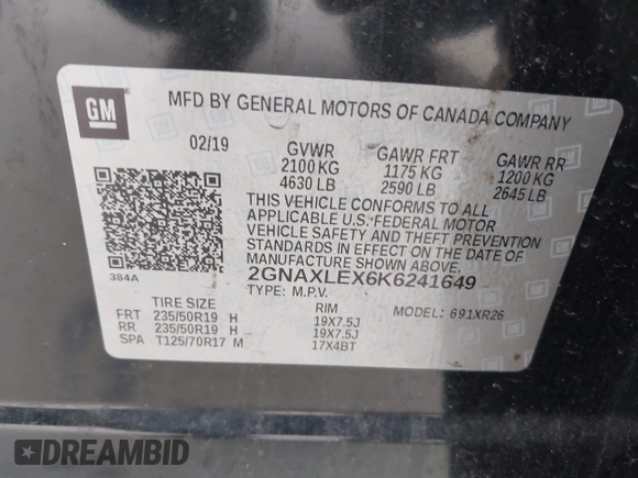 2019 Chevrolet Equinox LT with VIN 2GNAXLEX6K6241649, listed as a IAAI auction lot 41758544 with 82,813 mi miles and . Bid and sale history available at DreamBid. Image 9.