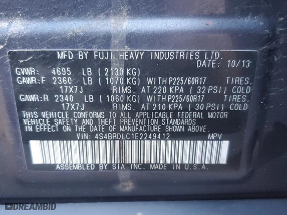 2014 Subaru Outback 3.6R Limited with VIN 4S4BRDLC1E2249412, listed as a Copart auction lot 83688534 with 126,691 mi miles and Salvage Title. Bid and sale history available at carsss.com. Image 13.