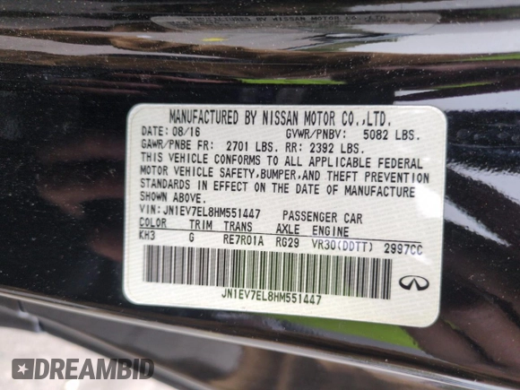 2017 Infiniti Q60 Premium with VIN JN1EV7EL8HM551447, listed as a Copart auction lot 58172955 with 43,457 mi miles and Salvage title. Bid and sale history available at DreamBid. Image 13.