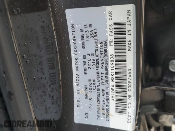2019 Mazda 3 with VIN JM1BPALM2K1109808, listed as a Copart auction lot 61675735 with 80,746 mi miles and Salvage title. Bid and sale history available at DreamBid. Image 13.
