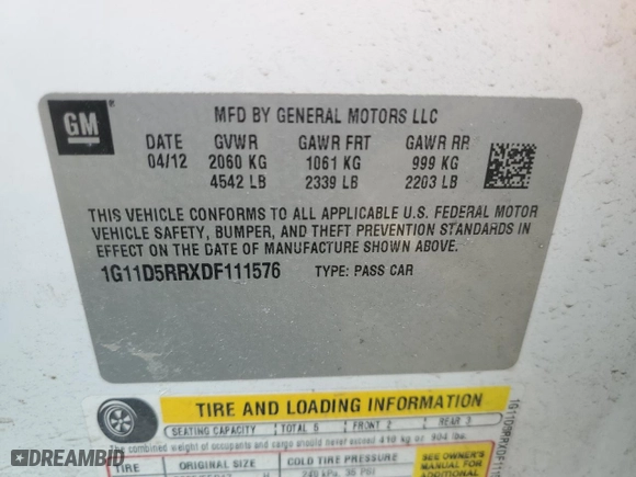 2013 Chevrolet Malibu ECO with VIN 1G11D5RRXDF111576, listed as a Copart auction lot 47240455 with NaN miles and Salvage Title. Bid and sale history available at carsss.com. Image 12.
