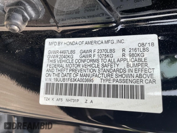 2019 Acura TLX w/A-Spec Pkg z VIN 19UUB1F63KA003695, wystawiony jako Copart lot #61098085 z przebiegiem 46 935 mil mil oraz Szkoda całkowita • Salvage title. Historia ofert i sprzedaży dostępna na DreamBid. Obrazek 10.