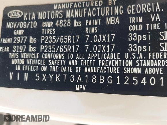 2011 Kia Sorento LX with VIN 5XYKT3A18BG125401, listed as a IAAI auction lot 42123824 with 284,660 mi miles. Bid and sale history available at carsss.com. Image 9.