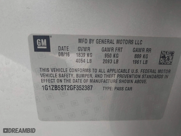 2016 Chevrolet Malibu LS with VIN 1G1ZB5ST2GF352387, listed as a IAAI auction lot 41559446 with 96,209 mi miles. Bid and sale history available at carsss.com. Image 9.