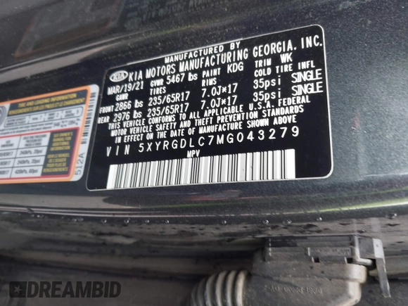 2021 Kia Sorento LX z VIN 5XYRGDLC7MG043279, wystawiony jako IAAI lot #41814356 z przebiegiem 97 094 mil mil oraz . Historia ofert i sprzedaży dostępna na DreamBid. Obrazek 9.