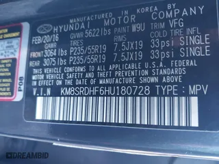 2017 Hyundai Santa Fe Limited Ultimate with VIN KM8SRDHF6HU180728, listed as a IAAI auction lot 41216266 with 113,226 mi miles. Bid and sale history available at carsss.com. Image 9.