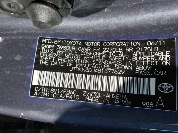 2011 Toyota Prius I with VIN JTDKN3DU4B1377629, listed as a IAAI auction lot 41994624 with 120,950 mi miles and . Bid and sale history available at DreamBid. Image 9.