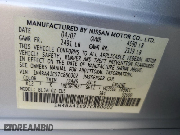 2007 Nissan Maxima 3.5 SE with VIN 1N4BA41E97C860002, listed as a Copart auction lot 78875834 with 157,378 mi miles and Clean Title. Bid and sale history available at carsss.com. Image 12.