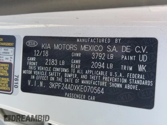 2019 Kia Forte LXS with VIN 3KPF24ADXKE070564, listed as a Copart auction lot 63863095 with 116,577 mi miles and Salvage title. Bid and sale history available at DreamBid. Image 13.