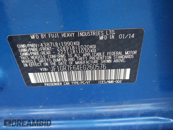 2014 Subaru WRX WRX with VIN JF1GR7E64EG260576, listed as a IAAI auction lot 41891339 with Not provided miles and . Bid and sale history available at DreamBid. Image 9.