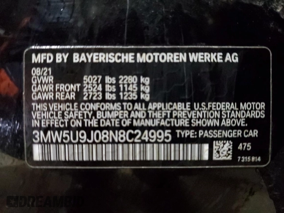 2022 BMW 3 Series M340i xDrive with VIN 3MW5U9J08N8C24995, listed as a Copart auction lot 83840124 with 0 mi miles and Salvage Title. Bid and sale history available at carsss.com. Image 12.