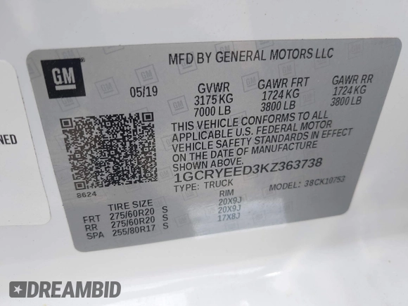 2019 Chevrolet Silverado 1500 RST with VIN 1GCRYEED3KZ363738, listed as a IAAI auction lot 42157747 with 75,591 mi miles and . Bid and sale history available at DreamBid. Image 9.