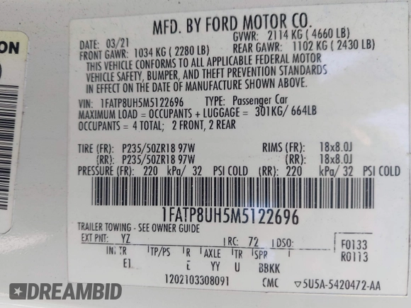 2021 Ford Mustang EcoBoost with VIN 1FATP8UH5M5122696, listed as a IAAI auction lot 40939435 with 65,644 mi miles. Bid and sale history available at carsss.com. Image 9.