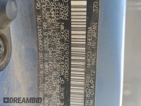 2006 Toyota Prius z VIN JTDKB20U167517552, wystawiony jako Copart lot #59218575 z przebiegiem Nie podano mil oraz Szkoda całkowita • Salvage title. Historia ofert i sprzedaży dostępna na DreamBid. Obrazek 12.