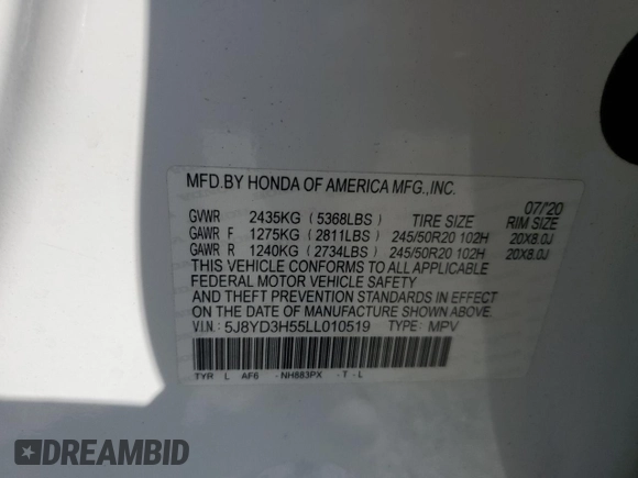2020 Acura MDX Technology with VIN 5J8YD3H55LL010519, listed as a Copart auction lot 52609425 with 49,023 mi miles and Salvage title. Bid and sale history available at DreamBid. Image 15.