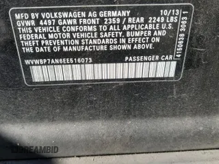 2014 Volkswagen CC R-Line with VIN WVWBP7AN6EE516073, listed as a Copart auction lot 75521524 with 88,632 mi miles and Salvage Title. Bid and sale history available at DreamBid. Image 12.
