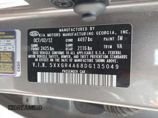 2013 Kia Optima SX с VIN 5XXGR4A68DG135049, выставлен на аукционе IAAI как лот 42551277 с пробегом 80 747 миль миль и . История ставок и продаж доступна на DreamBid. Изображение 9.