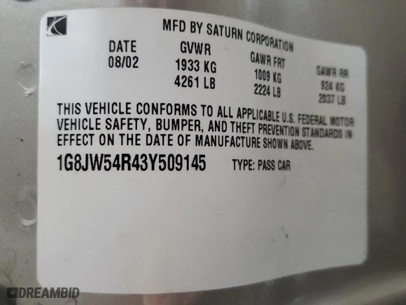 2003 Saturn LS with VIN 1G8JW54R43Y509145, listed as a Copart auction lot 43254935 with 84,468 mi miles and Salvage Title. Bid and sale history available at carsss.com. Image 13.