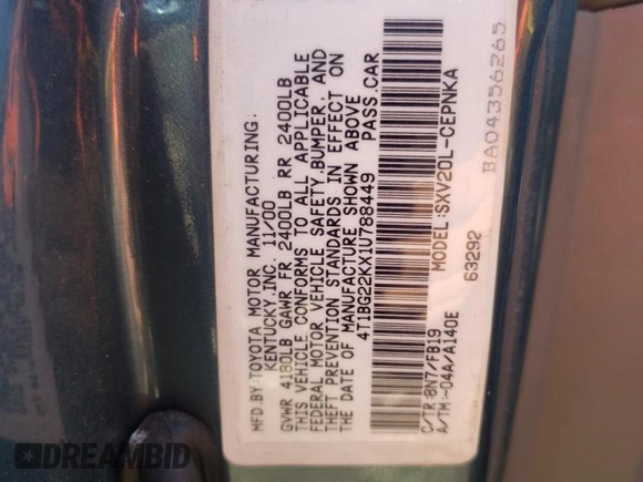 2001 Toyota Camry CE z VIN 4T1BG22KX1U788449, wystawiony jako Copart lot #48906494 z przebiegiem 105 062 mil mil oraz Szkoda całkowita • Salvage title. Historia ofert i sprzedaży dostępna na DreamBid. Obrazek 12.
