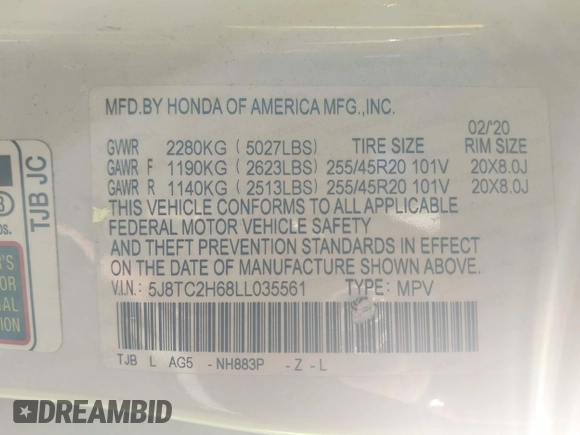 2020 Acura RDX w/A-Spec Pkg with VIN 5J8TC2H68LL035561, listed as a IAAI auction lot 41204363 with 82,396 mi miles. Bid and sale history available at carsss.com. Image 9.
