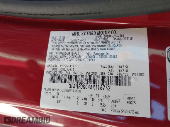 2010 Ford Fusion SPORT with VIN 3FAHP0KC4AR116752, listed as a IAAI auction lot 41839478 with 144,707 mi miles. Bid and sale history available at carsss.com. Image 9.