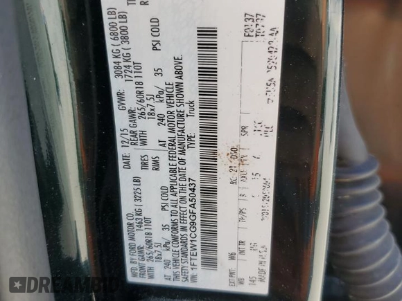 2016 Ford F-150 XL с VIN 1FTEW1CG9GFA50437, выставлен на аукционе Copart как лот 61650895 с пробегом 174 838 миль миль и Списание • Salvage title. История ставок и продаж доступна на DreamBid. Изображение 12.
