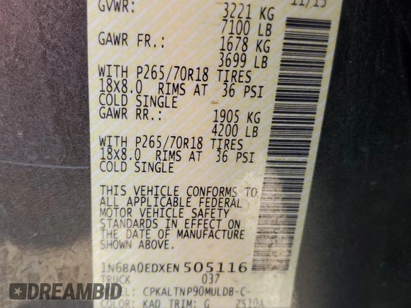 2014 Nissan Titan SV with VIN 1N6BA0EDXEN505116, listed as a Copart auction lot 59615845 with 132,319 mi miles and Salvage title. Bid and sale history available at DreamBid. Image 12.