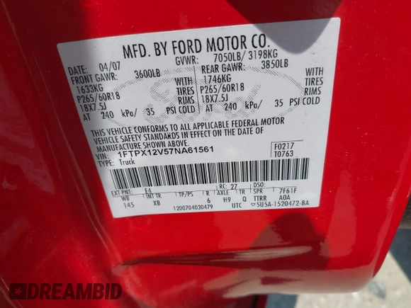 2007 Ford F-150 XL with VIN 1FTPX12V57NA61561, listed as a IAAI auction lot 42389218 with 228,515 mi miles and . Bid and sale history available at DreamBid. Image 9.
