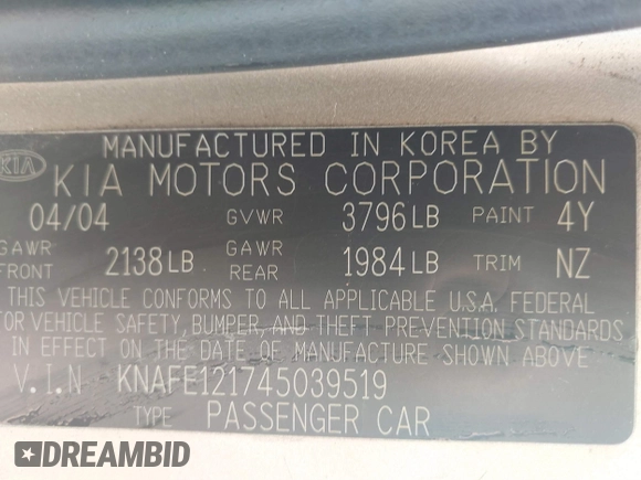 2004 Kia Spectra LX with VIN KNAFE121745039519, listed as a IAAI auction lot 41482402 with 201,123 mi miles. Bid and sale history available at carsss.com. Image 9.