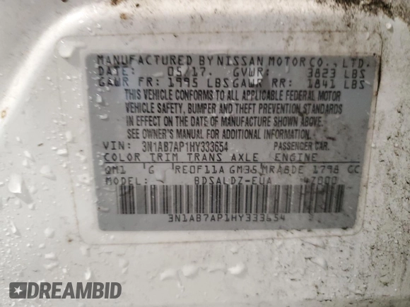 2017 Nissan Sentra SV with VIN 3N1AB7AP1HY333654, listed as a Copart auction lot 58399625 with 120,211 mi miles and Clean title. Bid and sale history available at DreamBid. Image 12.
