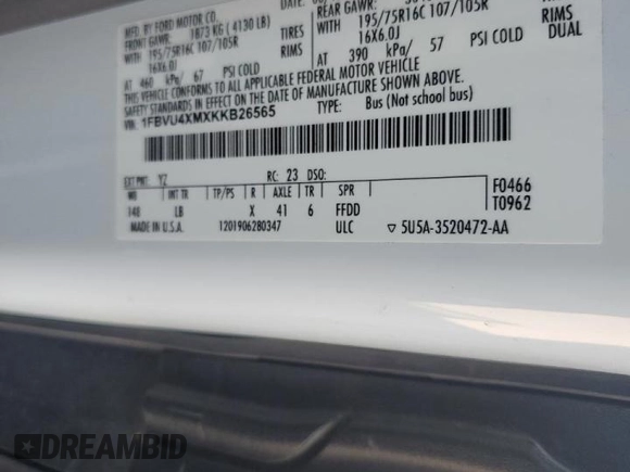 2019 Ford Transit Passenger XL with VIN 1FBVU4XMXKKB26565, listed as a Copart auction lot 70501504 with 82,291 mi miles and Salvage Title. Bid and sale history available at DreamBid. Image 14.