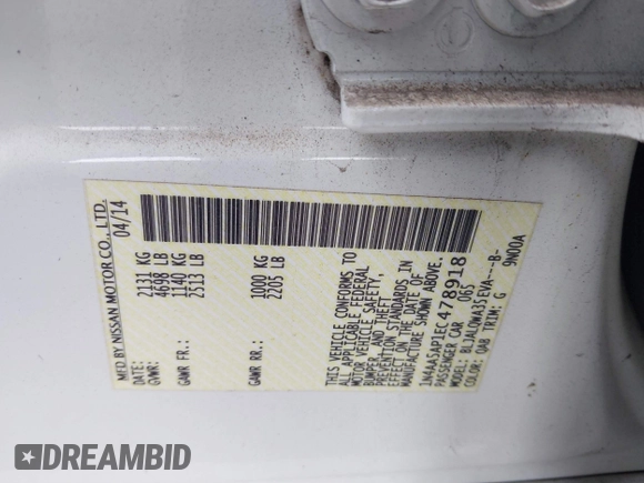 2014 Nissan Maxima S with VIN 1N4AA5AP1EC478918, listed as a IAAI auction lot 40426108 with 101,635 mi miles and . Bid and sale history available at DreamBid. Image 9.