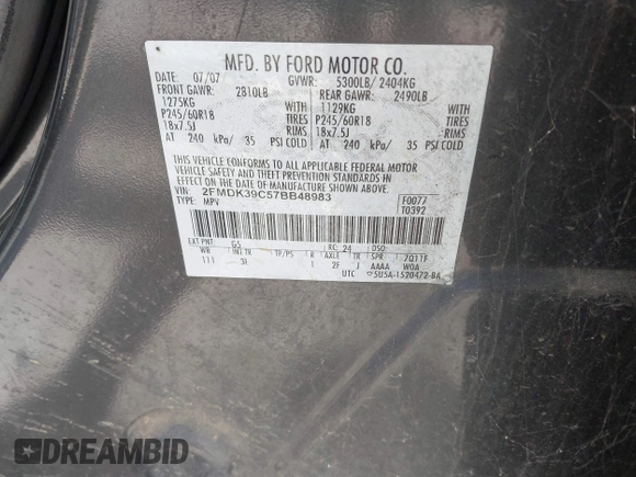 2007 Ford Edge SEL PLUS with VIN 2FMDK39C57BB48983, listed as a IAAI auction lot 41696830 with 160,167 mi miles. Bid and sale history available at carsss.com. Image 9.