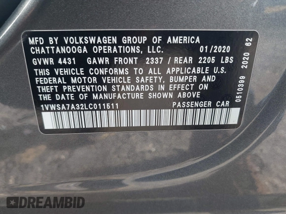 2020 Volkswagen Passat SE with VIN 1VWSA7A32LC011511, listed as a IAAI auction lot 41937873 with 80,362 mi miles and . Bid and sale history available at DreamBid. Image 9.