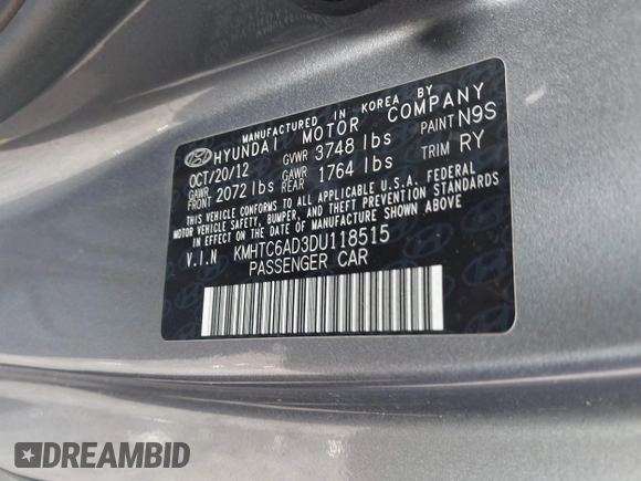 2013 Hyundai Veloster w/Gray Int with VIN KMHTC6AD3DU118515, listed as a IAAI auction lot 42336158 with 109,563 mi miles and . Bid and sale history available at DreamBid. Image 9.