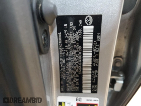 2022 Lexus ES 300h F Sport with VIN 58AGA1C1XNU014899, listed as a Copart auction lot 52629385 with Not provided miles and Salvage title. Bid and sale history available at DreamBid. Image 14.