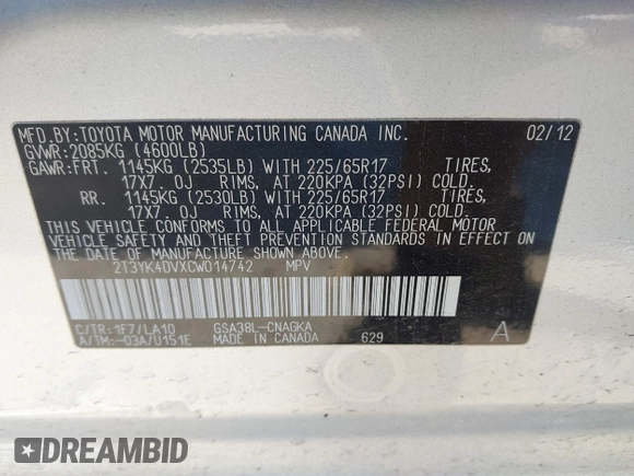 2012 Toyota RAV4 Limited с VIN 2T3YK4DVXCW014742, выставлен на аукционе IAAI как лот 41728713 с пробегом Не указан миль и . История ставок и продаж доступна на DreamBid. Изображение 9.