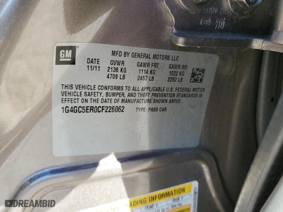 2012 Buick LaCrosse Leather with VIN 1G4GC5ER0CF226062, listed as a Copart auction lot 45085445 with 53,241 mi miles and Salvage Title. Bid and sale history available at carsss.com. Image 15.