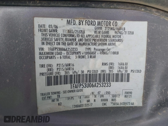 2006 Ford Taurus SE with VIN 1FAFP53U06A253233, listed as a IAAI auction lot 41695528 with 1 mi miles. Bid and sale history available at carsss.com. Image 9.