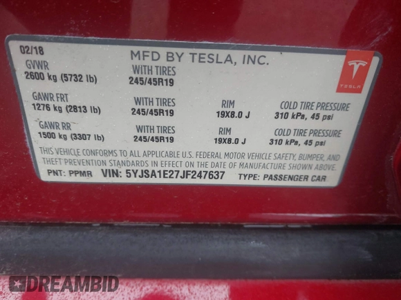 2018 Tesla Model S 75D с VIN 5YJSA1E27JF247637, выставлен на аукционе IAAI как лот 42406743 с пробегом 150 553 миль миль и . История ставок и продаж доступна на DreamBid. Изображение 9.
