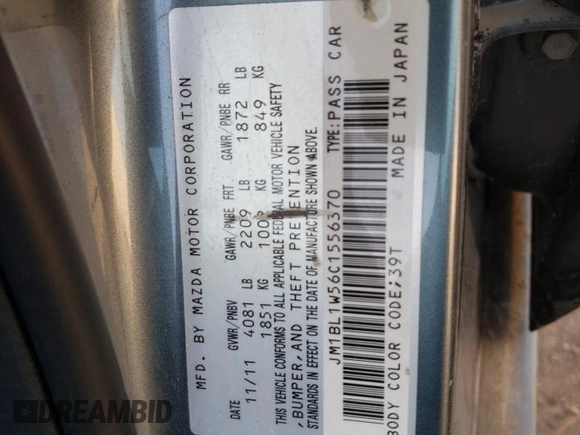 2012 Mazda 3 S Grand Touring with VIN JM1BL1W56C1556370, listed as a Copart auction lot 65217784 with Not Provided miles and Salvage Title. Bid and sale history available at DreamBid. Image 12.