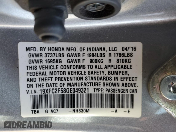 2016 Honda Civic LX with VIN 19XFC2F58GE049321, listed as a Copart auction lot 48092535 with 145,326 mi miles and Salvage Title. Bid and sale history available at carsss.com. Image 14.