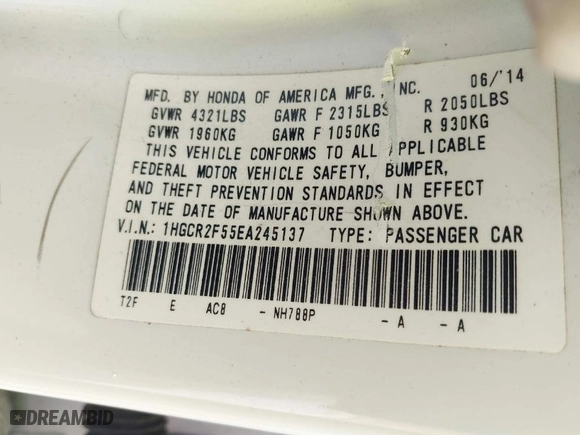 2014 Honda Accord Sedan Sport with VIN 1HGCR2F55EA245137, listed as a IAAI auction lot 41555188 with 150,589 mi miles. Bid and sale history available at carsss.com. Image 9.