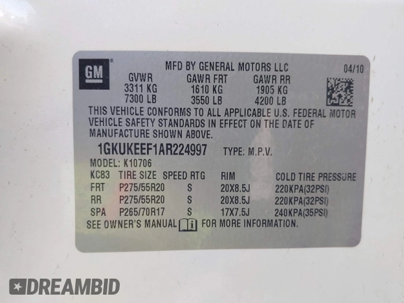 2010 GMC Yukon Denali with VIN 1GKUKEEF1AR224997, listed as a IAAI auction lot 42056472 with 81,314 mi miles. Bid and sale history available at carsss.com. Image 9.