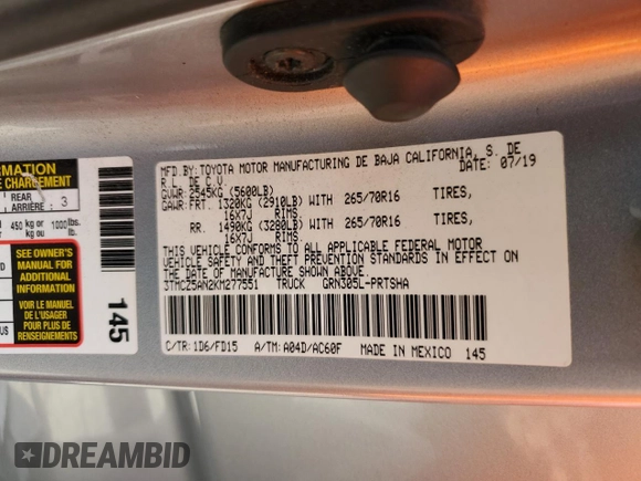 2019 Toyota Tacoma SR with VIN 3TMCZ5AN2KM277551, listed as a Copart auction lot 61586585 with 59,670 mi miles and Salvage title. Bid and sale history available at DreamBid. Image 12.