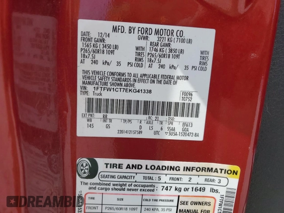 2014 Ford F-150 XL with VIN 1FTFW1CT7EKG41338, listed as a Copart auction lot 60037405 with 128,130 mi miles and Salvage title. Bid and sale history available at DreamBid. Image 12.