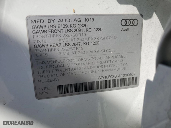 2020 Audi Q3 S line Premium Plus with VIN WA1EECF36L1030607, listed as a Copart auction lot 54425725 with 45,796 mi miles and Salvage Title. Bid and sale history available at carsss.com. Image 14.