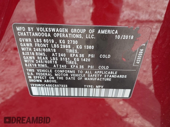 2019 Volkswagen Atlas SE with VIN 1V2UR2CA5KC507323, listed as a IAAI auction lot 41688461 with 67,965 mi miles and . Bid and sale history available at DreamBid. Image 9.