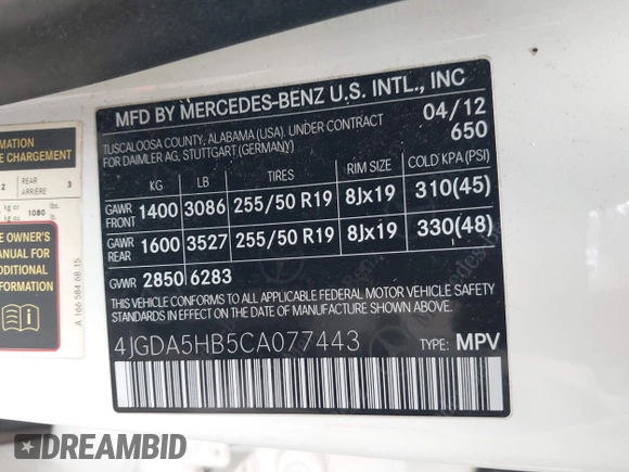 2012 Mercedes-Benz M ML 350 with VIN 4JGDA5HB5CA077443, listed as a IAAI auction lot 42093345 with 122,147 mi miles. Bid and sale history available at carsss.com. Image 9.
