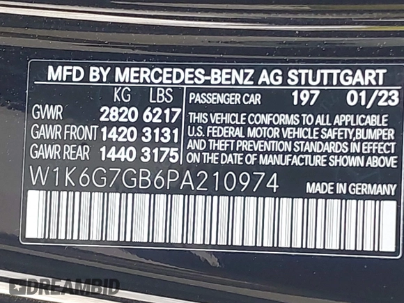 2023 Mercedes-Benz S-Class S 580 with VIN W1K6G7GB6PA210974, listed as a IAAI auction lot 41340906 with 12,304 mi miles. Bid and sale history available at carsss.com. Image 9.